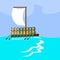 Migrant Crisis People Group Emigrant Hand Made Boat Sail In Sea Emigration Concept