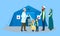 Migrant family doctor tent concept banner, flat style