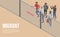 Migrant people at border country concept background, isometric style