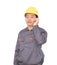 Migrant worker wearing yellow helmet is calling