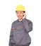 Migrant worker wearing yellow helmet is calling