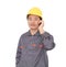 Migrant worker wearing yellow helmet is calling