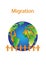 Migration poster, orange people shapes and earth isolated on a white background vertical vector illustration