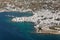 Mikonos city and old port, Greece, aerial view