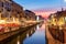 Milan. Canal Naviglio Grande at sunset.