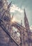 Milan Cathedral closeup, Italy. Detail of luxury decoration of roof. Famous main church of Milan Duomo di Milano is top landmark