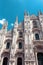 Milan Cathedral Duomo di Milano detail, Italy. It is top landmark of Milan. Luxury facade of Milan Cathedral closeup. Scenery of