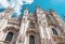 Milan Cathedral Duomo di Milano, Italy. It is famous landmark of Milan city. Luxury facade of Milan Cathedral close-up