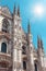 Milan Cathedral Duomo di Milano in sunlight, Italy. It is top landmark of Milan. Luxury facade of Milan Cathedral. Sunny view of