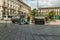 MILAN, ITALY - AUGUST 1, 2019 : Piazza del Duomo - Cathedral Square, entrance from Via Torino. Two military jeeps and guard