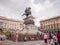 Milan, Italy - August 11, 2018: A view on the main square of Milan, the Piazza del Duomo, with the statue of Vittorio