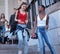 MILAN, ITALY -JUNE 15, 2018: Fashionable models walking in the street after ALBERTA FERRETTI fashion show