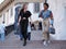 MILAN, ITALY -JUNE 15, 2018: Fashionable women on Arengario stairs after ALBERTA FERRETTI fashion show