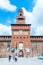 Milan, Italy - May 29, 2018: Tower of Sforza castle. Sforza Castle was built in the 15th century by Francesco Sforza.