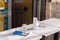 Milan, Italy - May 8, 2020. Hand sanitizer or antiseptic wash gel at the entrance of cafe. Reopening of restaurants after covid-19