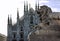 Milan, Italy. Milano Duomo square architecture, Piazza Duomo, lion sculpture