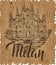 Milan label with hand drawn Milan Cathedral, lettering Milan on a craft paper