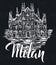 Milan label with hand drawn Milan Cathedral, lettering Milan on a dark background
