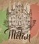 Milan label with hand drawn Milan Cathedral, lettering Milan and italian flag