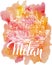 Milan label with hand drawn Milan Cathedral, lettering Milan on watercolor stain