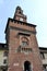 Milan Sforza Castle entrance medieval tower made of ancient red brick.