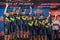 Milano, Italy May 28, 2017: Full team Movistar on the podium celebrates the end of the Tour of Italy 2017