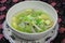 Mild soup with vegetables, pork and bean curd