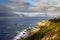 Mile Rock Beach, Lands End Lookout and the Golden Gate Bridge at San Francisco in California