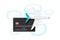 Miles bank card with airplane on sky with clouds. Credit or debit plastic card with bonus for frequent air travel vector