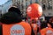 Militants of the French trade union CFDT marching in a street of Paris, France