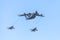 Military Airbus A 400 M transport plane flies with two Panavia Tornado multirole combat aircrafts