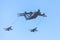 Military Airbus A 400 M transport plane flies with two Panavia Tornado multirole combat aircrafts