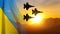 Military aircraft against the sunset and Ukraine flag