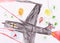 Military aircraft. child\'s drawing on paper