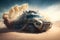 Military armored car rides in the desert. Neural network AI generated