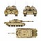Military armored tank illustration with four views of detail. Top,side,front and back 8k resolution image
