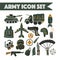 Military and army flat icon vector set with tank, parachute, helmet, gas mask and other ammunition.