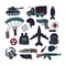 Military and army flat icon vector set with tank, parachute, helmet, gas mask and other ammunition.