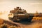 Military or army heavy tank ready to attack moving over a deserted battle field terrain, tanks scene in the sunlight