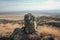 military backpack in field, with view of expansive landscape