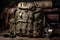 military backpack, filled with survival equipment, ready for action