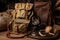 military backpack with rope, binoculars and other gear for hunting or scouting expedition