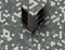 Military black glossy sergeant rank sign on hex pixel camouflage background. Modern army camouflage hexagon pixel texture.