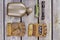 Military bottle, pair of gloves, pocketknife and torch.