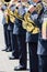 Military brass band musicians with french horns