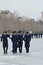 Military cadets on Baku Bulvar in the snow, in the capital of Azerbaijan