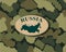 Military camouflage with leather label. Outline of Russia on leather sticker. Knitted pattern and camouflage background. Vector