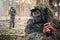 Military, camouflage and people on a field playing paintball for exercise, fun and sport in Mexico. Fitness, action and