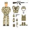 Military character weapon guns symbols armor man set forces design and american fighter ammunition navy camouflage sign
