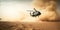 military chopper crosses crosses fire and smoke in the desert, wide poster